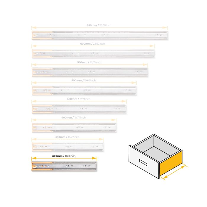Emuca Jeu de coulisses à billes pour tiroirs à sortie totale, fermeture amortie, hauteur 45mm, longueur 300mm, acier, zingué 9