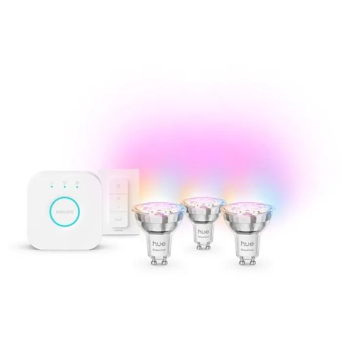 Philips Hue Kit de démarrage Bridge Blanc et Couleur - 1 Bridge + 3 Spots LED GU10 Intelligents + Commutateur Variateur Philips Hue Kit de démarrage Bridge Blanc et Couleur - 1 Bridge + 3 Spots LED GU10 Intelligents + Commutateur Variateur