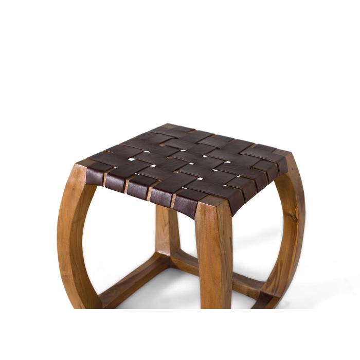 GINER Y COLOMER Taburete en bois massif de mindi avec assise en cuir tressé main, design artisanal moderne, 39x39 cm 1