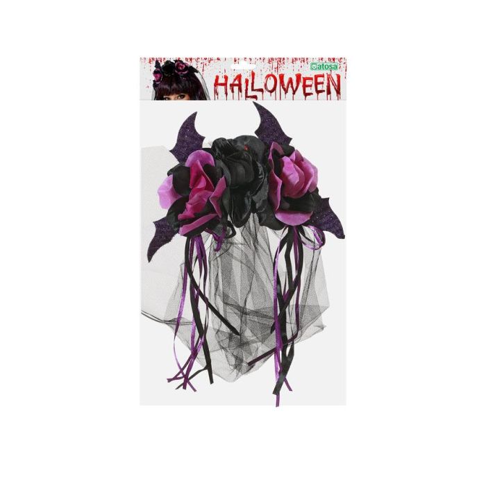 Diadema Femme Adulte pour Halloween à Roses Pourpres et Bats avec Voile Noir - Décoration pour Costume Gothique, Vampire, Fée Sombre