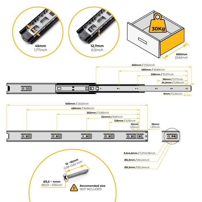 Emuca Lot de 5 jeux de Coulisses pour tiroirs, roulement à billes, hauteur 45mm, profondeur 600mm, sortie totale, Noir 9