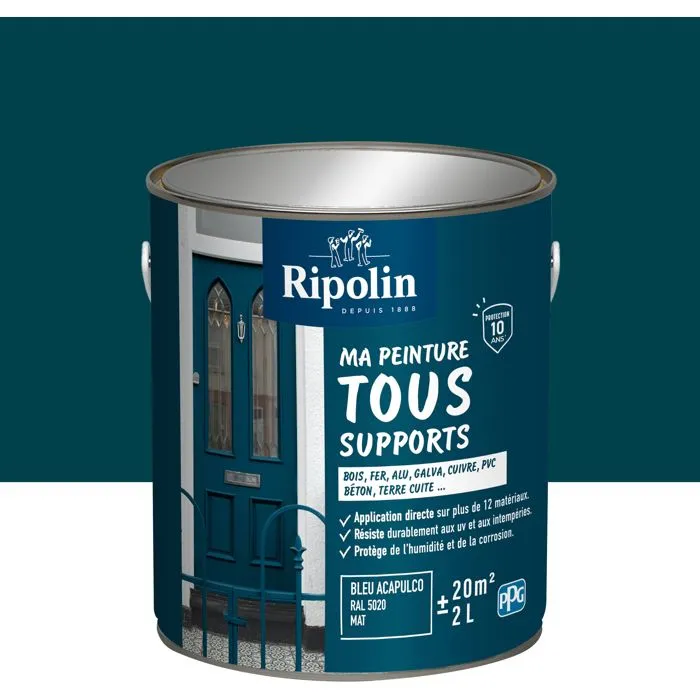 Ripolin - Peinture Mat Multi-Supports 2L - Bleu Acapulco RAL 5020 - Pour Bois, Métal, Béton - Résiste aux UV et Intempéries
