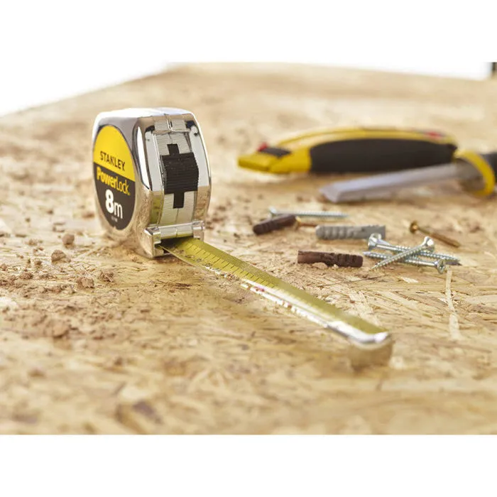 STANLEY Powerlock Classic ABS - Mètre ruban 8m à revêtement Mylar anti-abrasion - Crochet 3 rivets - Fonction blocage - Mesures intérieures et extérieures STANLEY Powerlock Classic ABS - Mètre ruban 8m à revêtement Mylar anti-abrasion - Crochet 3 rivets - Fonction blocage - Mesures intérieures et extérieures