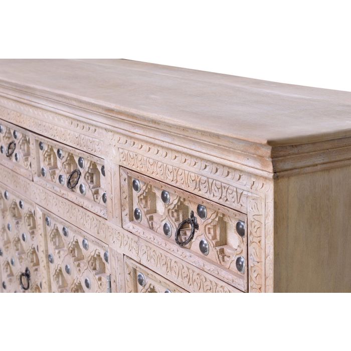GINER Y COLOMER Buffet artisanal en bois de manguier naturel avec 3 portes et 3 tiroirs, finition patine blanche et détails en fer vieilli - Style BAKRA (92x150x40 cm) 6