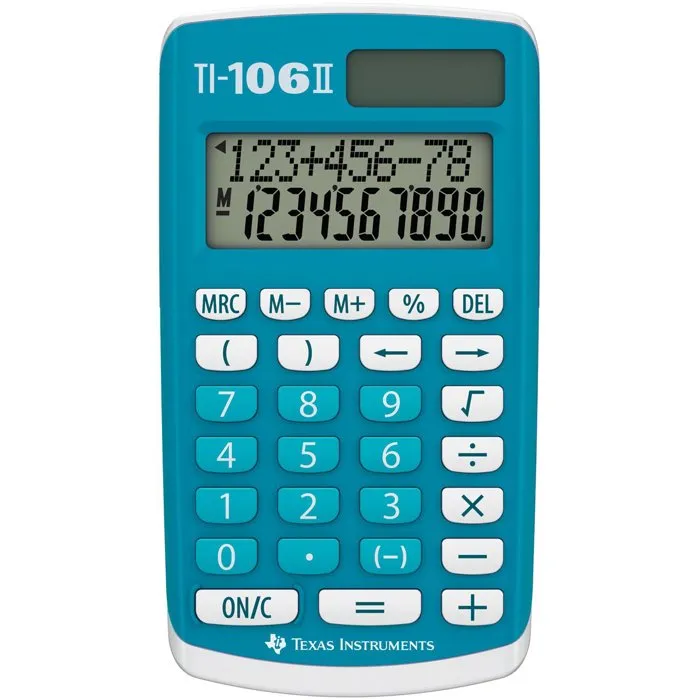 Texas Instruments TI-106 II Calculatrice solaire pour école primaire avec écran 2 lignes et protection - Bleu Texas Instruments TI-106 II Calculatrice solaire pour école primaire avec écran 2 lignes et protection - Bleu