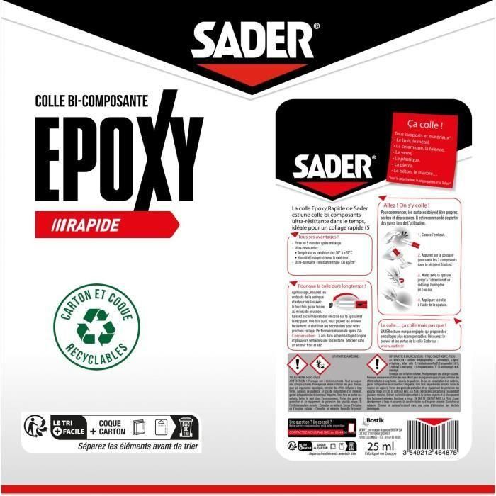 Colle époxy - SADER - Bi-composant rapide - Tous supports - Forte et résistante - Transparent - Seringue 25 ml 4