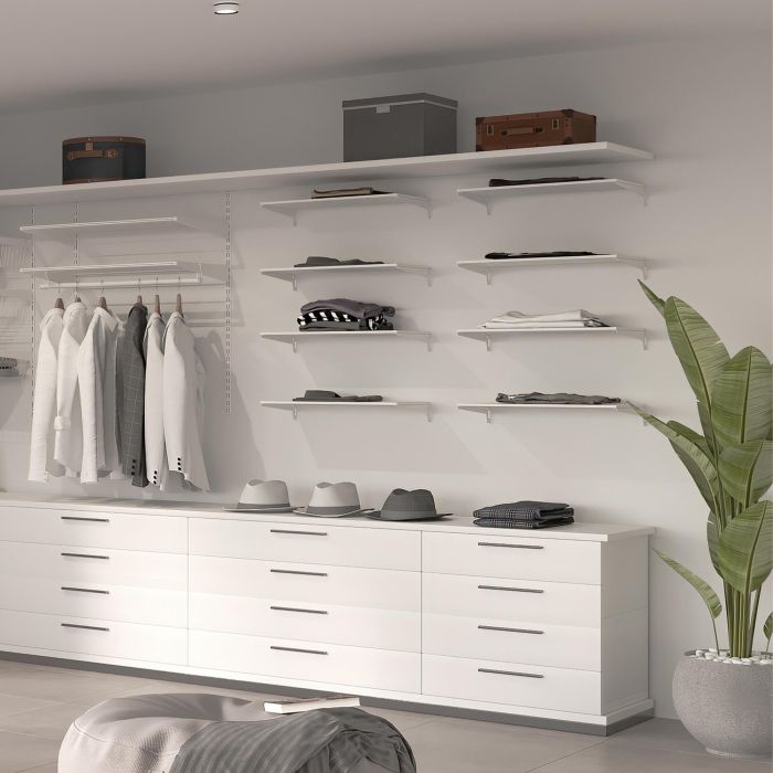 Emuca Lot de 4 étagères avec consoles et plaques de fixation murale Jagmet, longueur 230mm, Acier, Peint en blanc 1