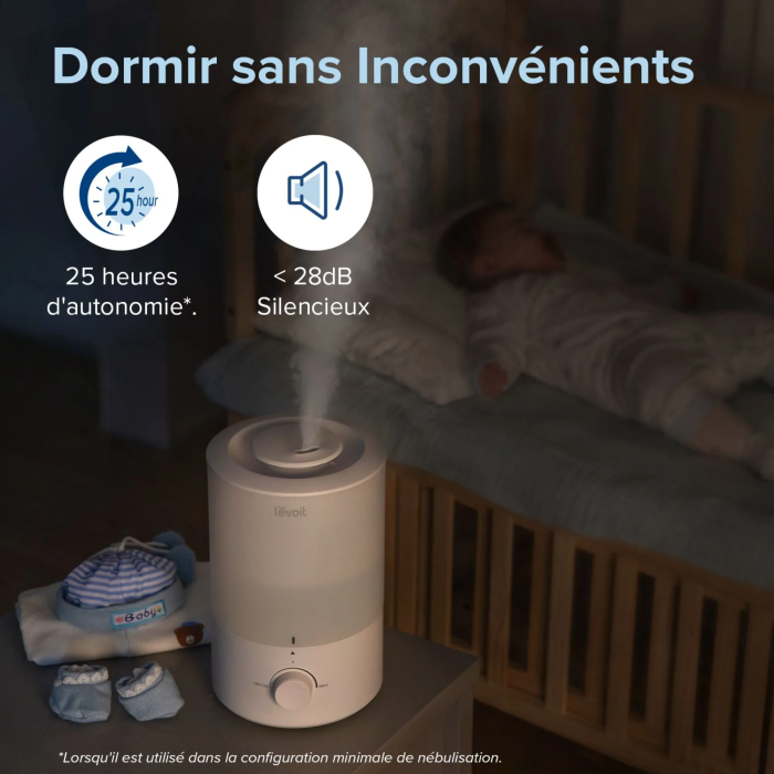 Levoit Dual 150 - Humidificateur ultrasonique 3 L - Autonomie 25 h - Couvre 27 m² - Diffuseur huiles essentielles et lumière nocturne - Silencieux 28 dB