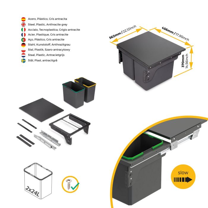 Emuca Bac de tri sélectif pour montage latéral sur meuble de cuisine Recycle 2x24litres, Acier, Plastique gris anthracite 7