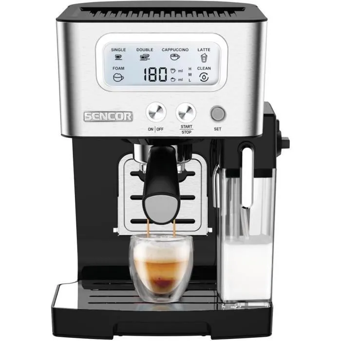 Sencor SES 4090SS Machine à Expresso Semi-Automatique 15 Bars avec Écran LCD, Thermoblock et Fonction Auto-Nettoyage - Réservoir 1,4 L