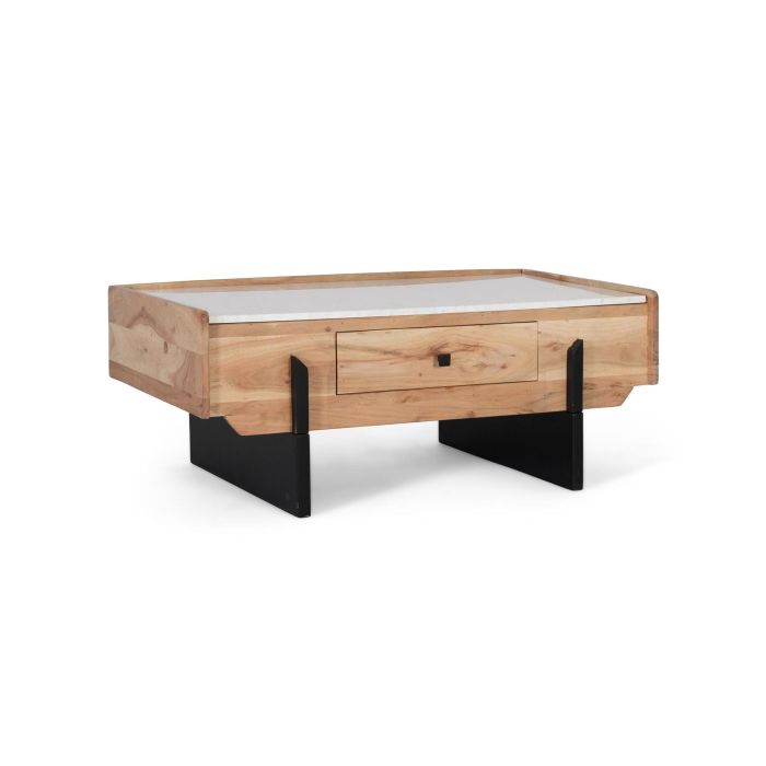 GINER Y COLOMER - Table basse en bois d'acacia massif et marbre blanc avec tiroir traversant et pieds métalliques noirs - Design moderne 1 GINER Y COLOMER - Table basse en bois d'acacia massif et marbre blanc avec tiroir traversant et pieds métalliques noirs - Design moderne 1