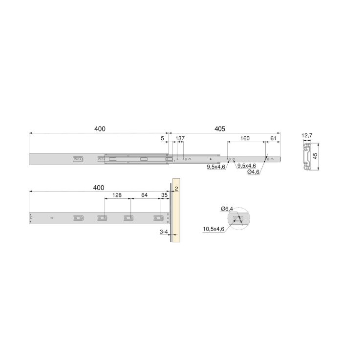 Emuca Lot de 5 jeux de coulisses pour tiroirs, roulement à billes, hauteur 45mm, profondeur 400mm, à sortie totale, avec push, fermeture amortie, zingué 4