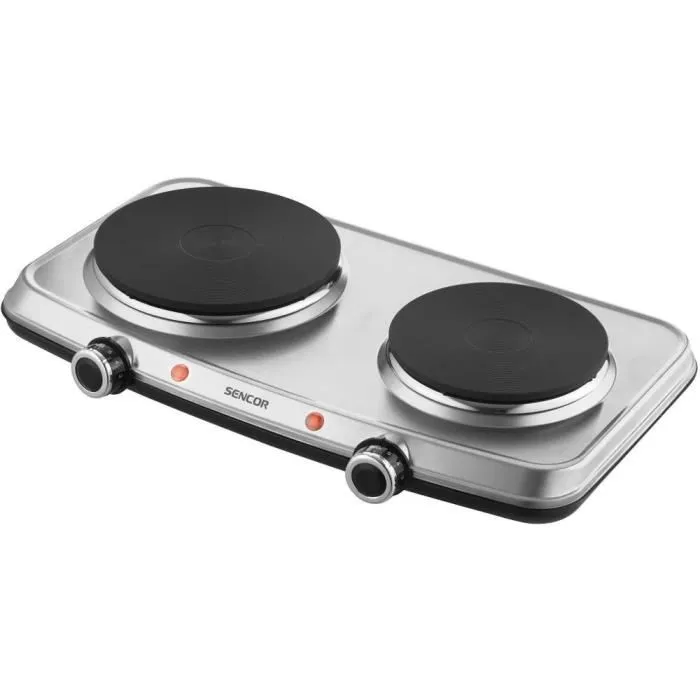 Sencor Plaque chauffante SCP 2256SS - 2 plaques en acier inoxydable (15 et 18 cm), thermostat réglable continu, protection surchauffe, antidérapant
