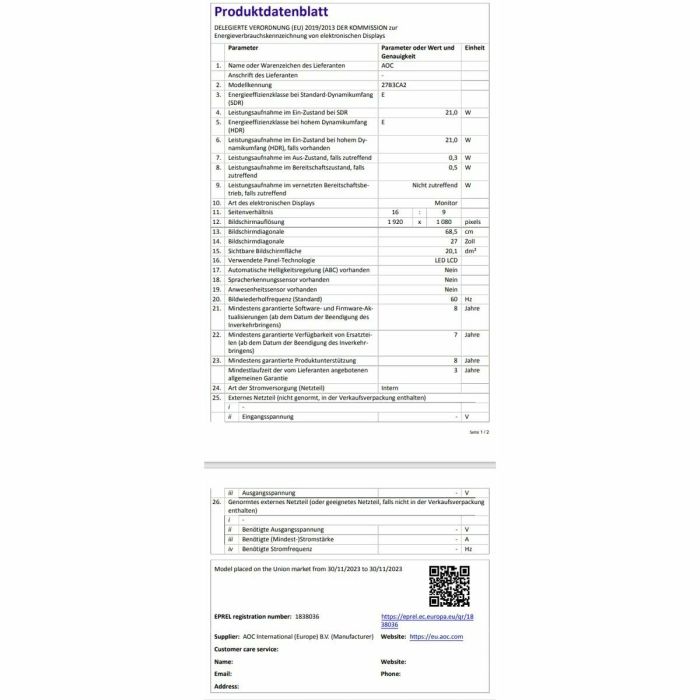 Monitor Gaming AOC 27B3CA2 27" Full HD 25