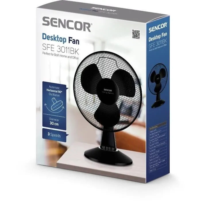 Sencor SFE 3011BK Ventilateur de bureau 30 cm noir - 3 vitesses, oscillation 90°, angle réglable, grille métal, 35W - 220-240V