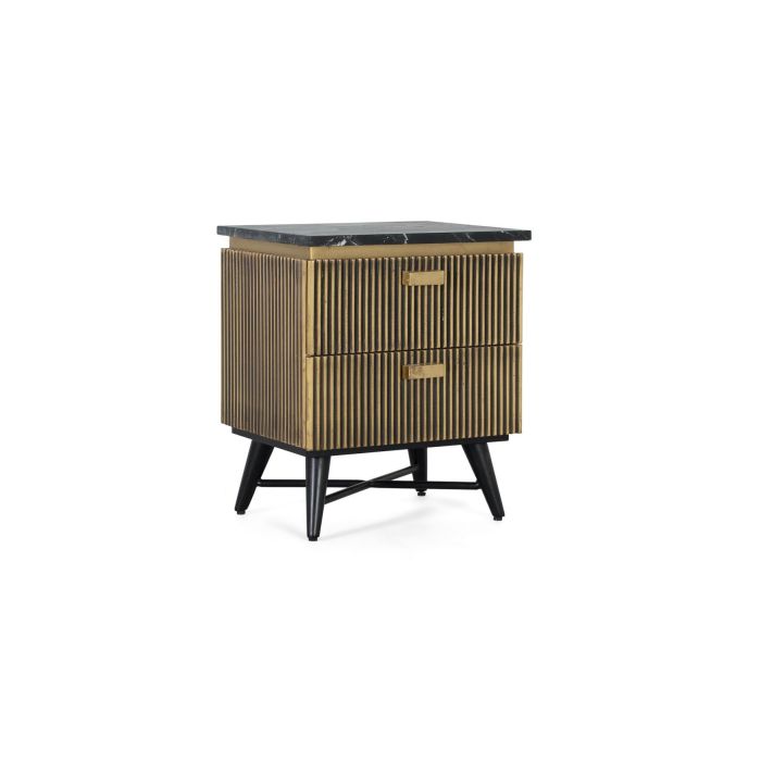 GINER Y COLOMER - Table de chevet 2 tiroirs artisanale en bois de manguier et marbre avec finition bronze - 50x40x60 cm