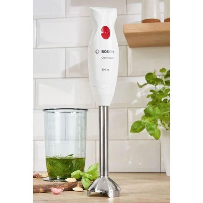 Bosch CleverMixx MSM24100 - Mixeur plongeant 400W, pied démontable inox, vitesse unique avec bol, blanc