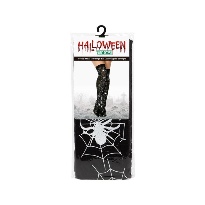 Bas Noirs Longs Femme à Motifs Toiles d'Araignées Blanches pour Déguisement Halloween