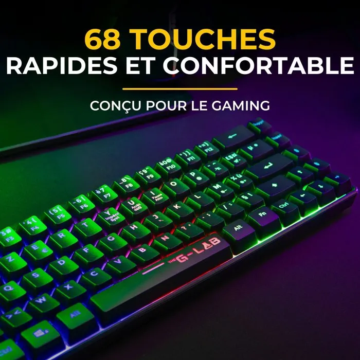 The G-Lab KEYZ HYDROGEN - Clavier gamer sans fil 60% AZERTY à membrane, rétroéclairage RGB, compact et performant, pour PC et console, couleur noir