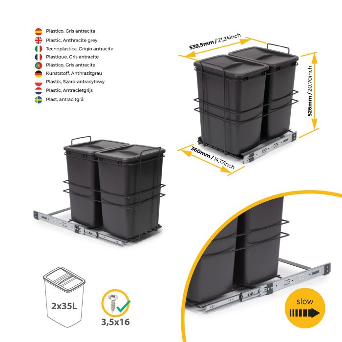 Emuca poubelle de recyclage pour montage inférieur et extraction manuelle pour meuble de cuisine Recycle 2x35litres, Plastique gris anthracite 11