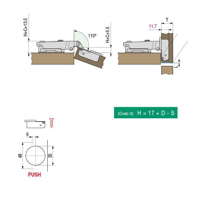 Bisagra Tigra Ø35 Push Slide-On Codo Acodado Herrajes Alk 2