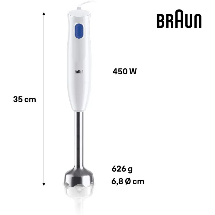 Braun MultiQuick 1 MQ10.202M - Mixeur plongeant 450 W, 1 vitesse, système EasyTwist, blanc, sans BPA, accessoires lavables au lave-vaisselle Braun MultiQuick 1 MQ10.202M - Mixeur plongeant 450 W, 1 vitesse, système EasyTwist, blanc, sans BPA, accessoires lavables au lave-vaisselle