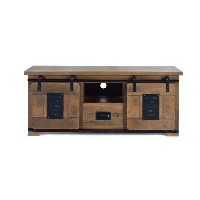GINER Y COLOMER Meuble TV industriel en bois de manguier et métal avec 2 portes coulissantes et tiroir, 130 x 55 x 50 cm, couleur naturel 1