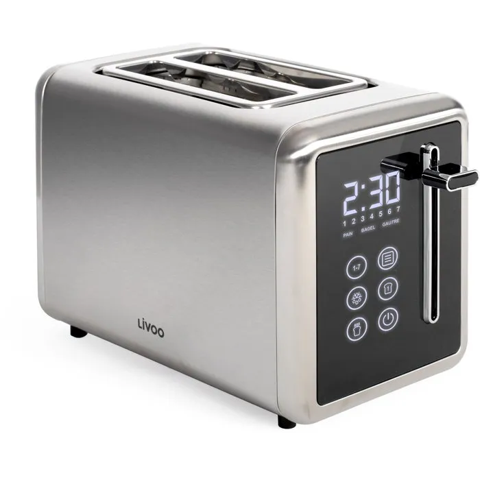Livoo DOD205 Grille-pain digital 2 fentes 850 W avec panneau de contrôle tactile - Thermostat 7 niveaux, fonctions décongélation, réchauffage - Gris/Noir, acier inoxydable