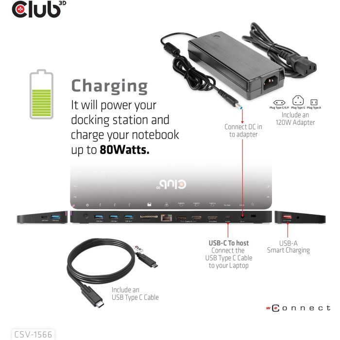 Club3D 4K ChargingDock USB-C ->6xUSB3/DP/2xHDMI/LAN 120W 14