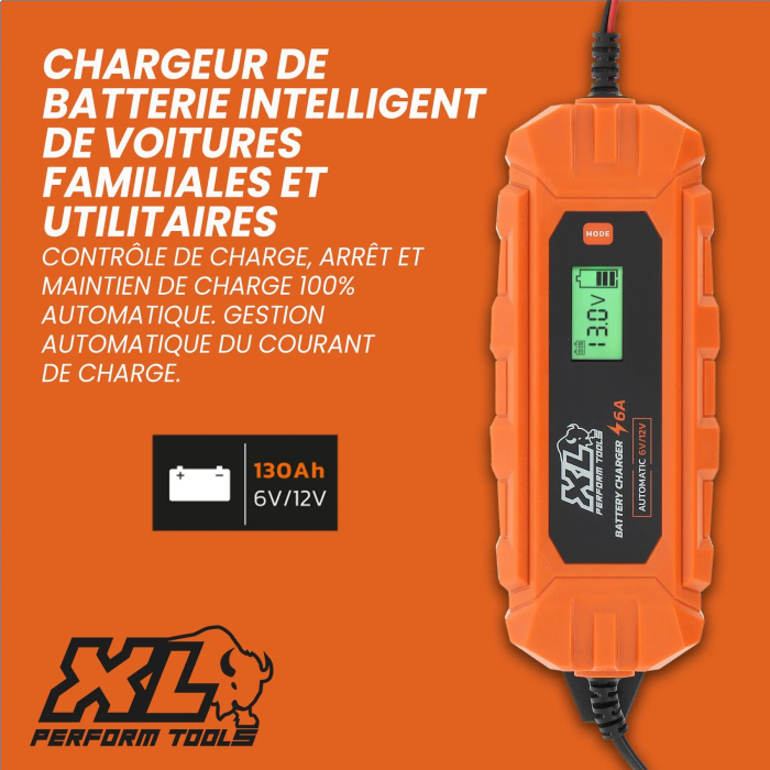 Xl Perform Tools Chargeur de batterie XLPT 6A 100W 12V pour voiture avec câble 3 m IP65, écran digital et mode Supply pour 6V/12V AGM, GEL, Lithium, Plomb Xl Perform Tools Chargeur de batterie XLPT 6A 100W 12V pour voiture avec câble 3 m IP65, écran digital et mode Supply pour 6V/12V AGM, GEL, Lithium, Plomb