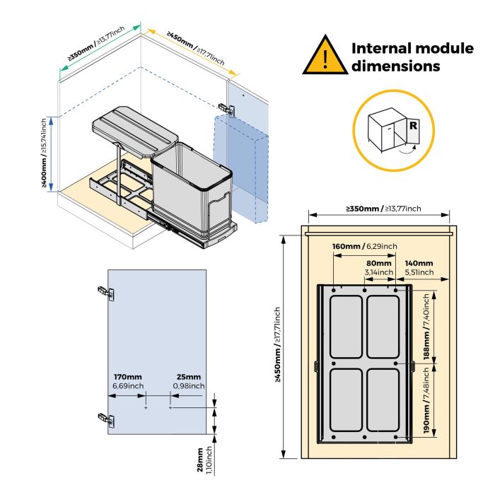 Emuca Poubelle de recyclage Recycle pour cuisine, 24 L, fixation au fond et extraction manuelle/automatique, Plastique gris antracite 9