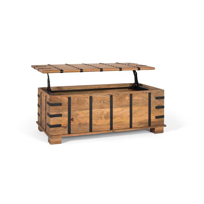 GINER Y COLOMER - Table coffre en bois de manguier massif avec finition naturelle et détails en fer noir, plateau relevable et grand rangement 2 GINER Y COLOMER - Table coffre en bois de manguier massif avec finition naturelle et détails en fer noir, plateau relevable et grand rangement 2