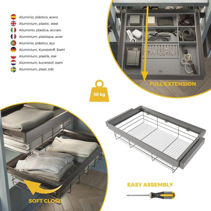 Emuca Kit tiroir en fil métallique et rack ajustable Quartz pour armoires, glissières extension totale et à fermeture douce, Module 90cm, Finition Titane 6 Emuca Kit tiroir en fil métallique et rack ajustable Quartz pour armoires, glissières extension totale et à fermeture douce, Module 90cm, Finition Titane 6