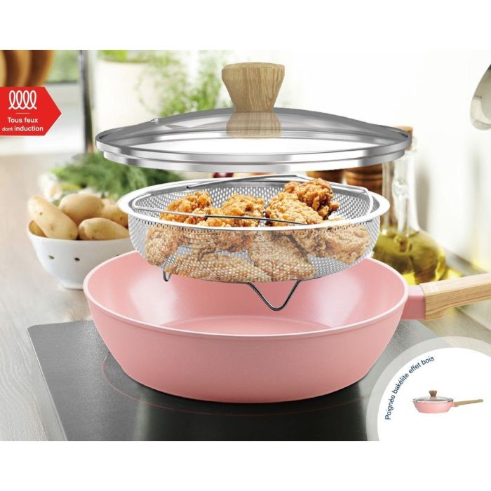 Sauteuse - Tous feux dont induction - ARTHUR MARTIN - AM0333 - Revetement céramique - Ø 24 cm - Avec couvercle et panier inox - Rose 1 Sauteuse - Tous feux dont induction - ARTHUR MARTIN - AM0333 - Revetement céramique - Ø 24 cm - Avec couvercle et panier inox - Rose 1