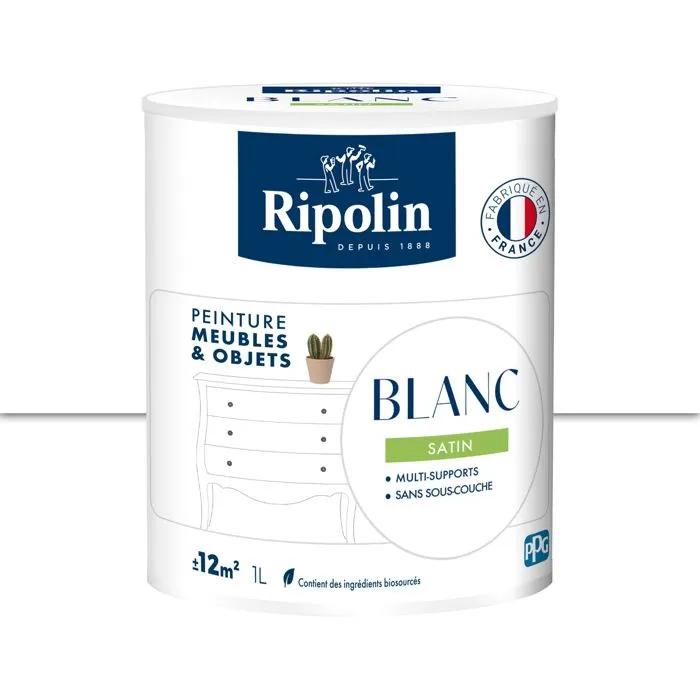 Ripolin Peinture Meuble et Objet Blanc Satiné 1L - Pour Bois, Mélaminé, Stratifié, Métal - Sans Sous-Couche - Intérieur/Extérieur