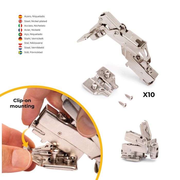Emuca Lot de 10 charnières Super coudées X91 ouverture à 165 degrés avec fermeture amortie et embases Euro, hauteur 0, acier, nickelé 2
