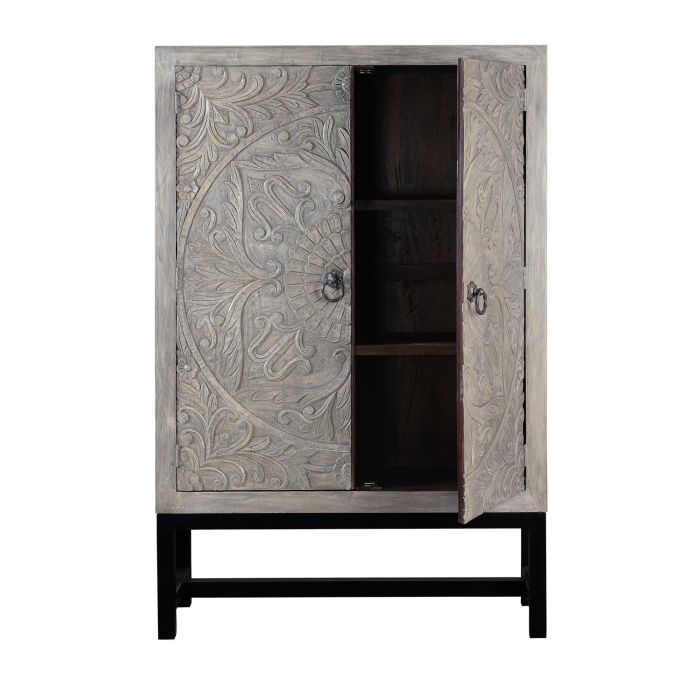 GINER Y COLOMER Armoire 2 portes en bois de manguier et métal patiné gris antiquité, avec soleil fleuri et étagères, 180 x 116 x 42 cm 2 GINER Y COLOMER Armoire 2 portes en bois de manguier et métal patiné gris antiquité, avec soleil fleuri et étagères, 180 x 116 x 42 cm 2