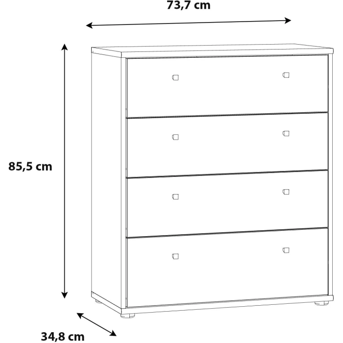 Commode TEMPRA - 4 tiroirs - Blanc mat - Dimensions (L x P x H) : 73.7 x 34.8 x 85.5 cm - Commode de rangement élégante et moderne