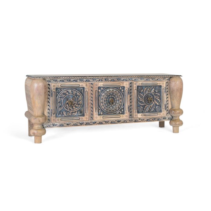 GINER Y COLOMER Buffet en teck massif sculpté à la main avec pieds tournés résistants, blanc et bleu - 1 porte 45x45cm 2 GINER Y COLOMER Buffet en teck massif sculpté à la main avec pieds tournés résistants, blanc et bleu - 1 porte 45x45cm 2