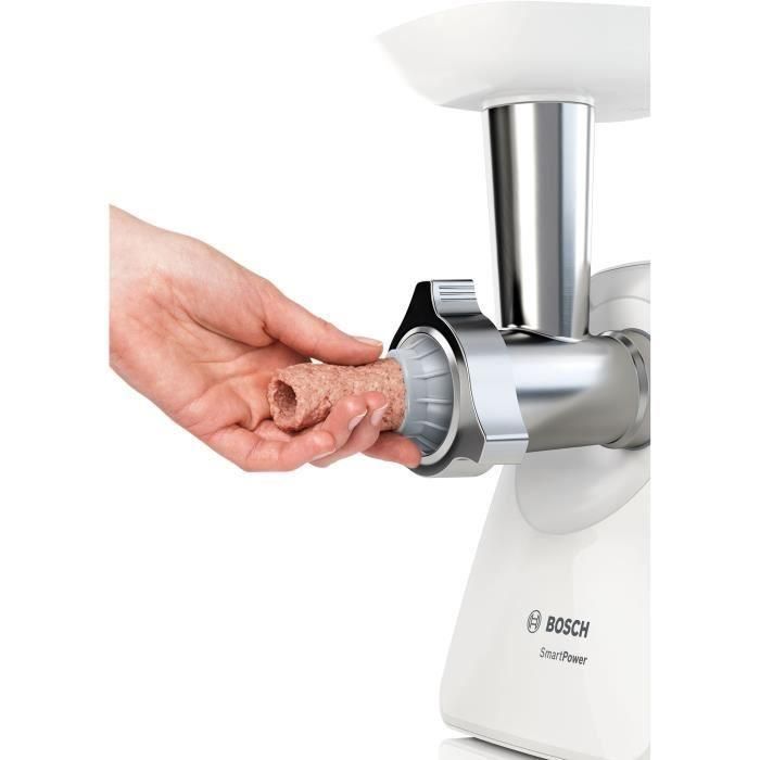 Bosch MFW2520W Hachoir à viande électrique SmartPower 350W blanc et gris avec 2 grilles et garnisseur à saucisses - 1,7 kg/min