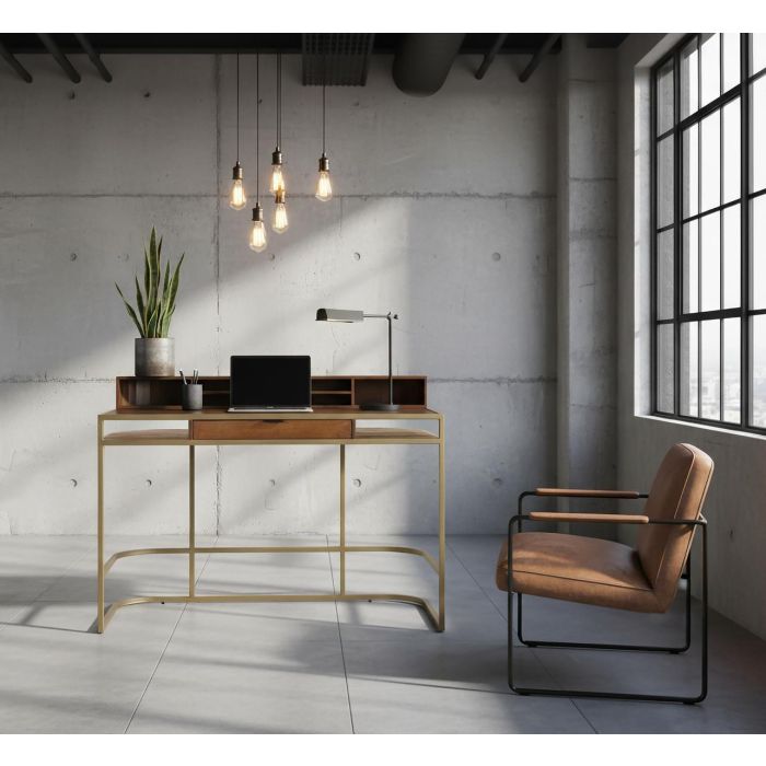 GINER Y COLOMER Bureau en bois de manguier et structure métallique dorée - 126x39 cm - Écritorio Fabricado A Mano En Madera de Mango y Estructura Dorada 5