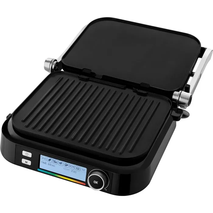 Sencor SBG 6238BK - Grill électrique contact avec écran LCD, 7 programmes, plaques antiadhésives 30x25 cm, 2100W, position pliable