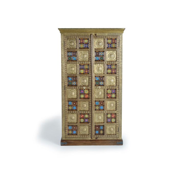 GINER Y COLOMER Dora2 - Armoire 2 portes en acacia style ethnique avec applications d'azulejos et bronze repoussé - 180 x 100 x 45 cm - Couleur cerise 0 GINER Y COLOMER Dora2 - Armoire 2 portes en acacia style ethnique avec applications d'azulejos et bronze repoussé - 180 x 100 x 45 cm - Couleur cerise 0