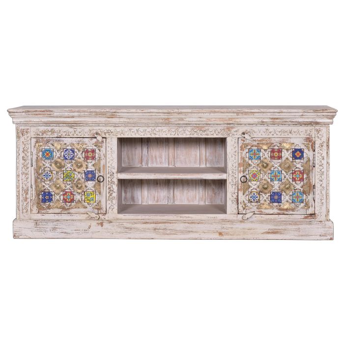 GINER Y COLOMER - Buffet TV en bois de manguier massif sculpté avec incrustations de céramique et bronce, finition blanc vieilli - 150x60x40 cm 1 GINER Y COLOMER - Buffet TV en bois de manguier massif sculpté avec incrustations de céramique et bronce, finition blanc vieilli - 150x60x40 cm 1