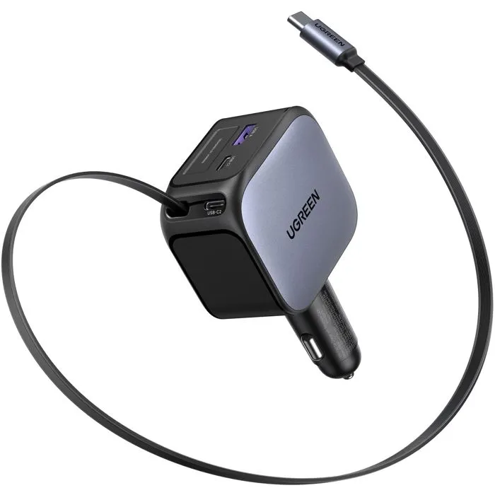 UGREEN Chargeur Allume-Cigare 145W avec Câble USB-C Rétractable - Recharge Rapide pour Smartphone, Tablette et PC Portable USB-C PD UGREEN Chargeur Allume-Cigare 145W avec Câble USB-C Rétractable - Recharge Rapide pour Smartphone, Tablette et PC Portable USB-C PD