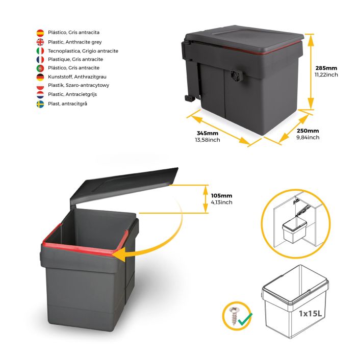 Emuca Bac de tri sélectif pour montage sur porte de meuble Recycle, 1 bac extractible de 15 litres, Plastique gris anthracite 3