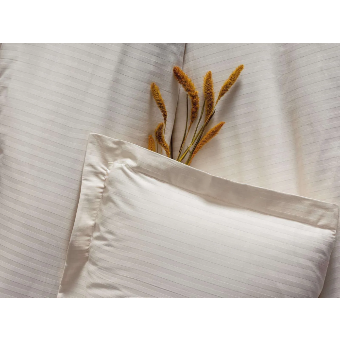 Parure de lit 1 personne, Housse de couette 140 x 200 cm + 2 Taies d'oreiller 60 x 60 cm, Satin imprimé rayures écru