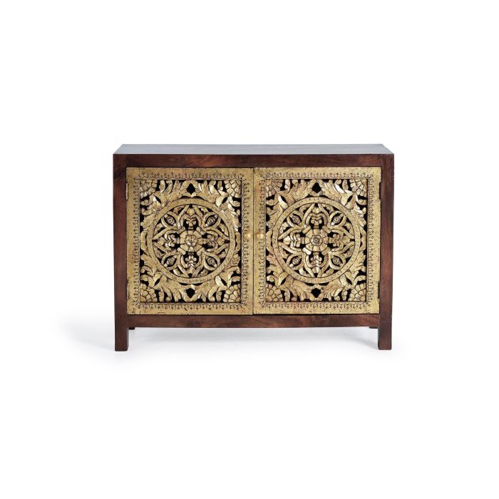 GINER Y COLOMER Commode en bois de manguier massif couleur noyer avec détails en bronze doré, meuble artisanal à finition unique 1