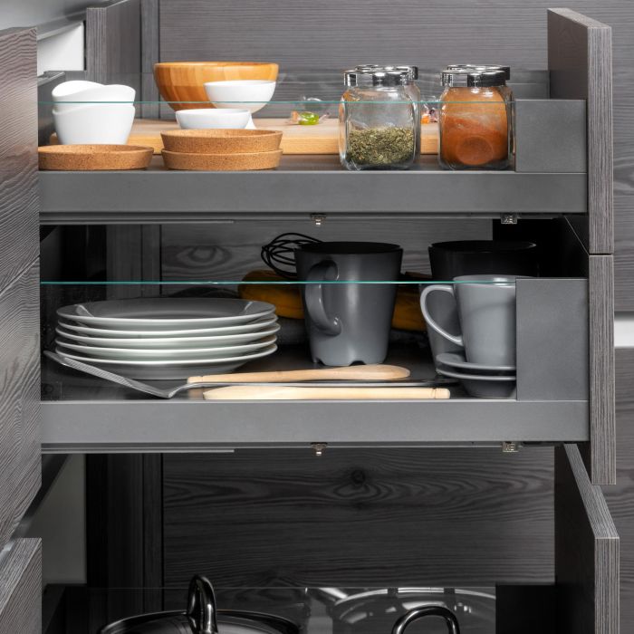 Emuca tiroir Extérieur Vertex 40kg côtés en verre 93mm de haut, 450mm de profondeur, Acier & Aluminium et Verre, Gris Anthracite 4