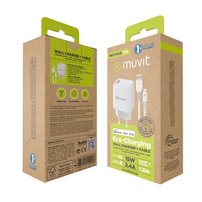 Chargeur mural + Câble USB A vers USB-C Muvit for Change SN-TC170DS1E150A + DC-006 Blanc 12 W 1